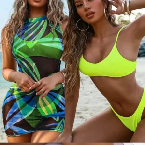 3 delt sett gul bikini og strandkjole