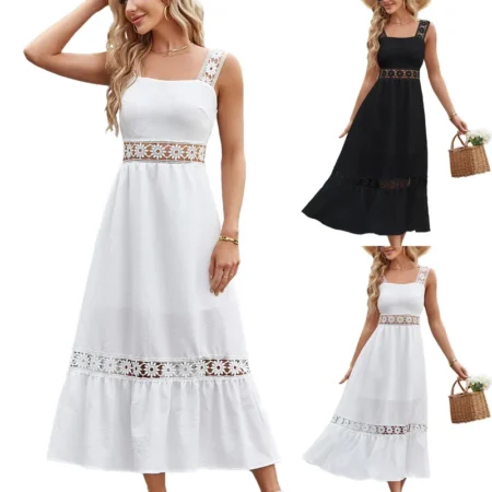 Bohemian A-line Skirt Square Neck Long Dress White Black