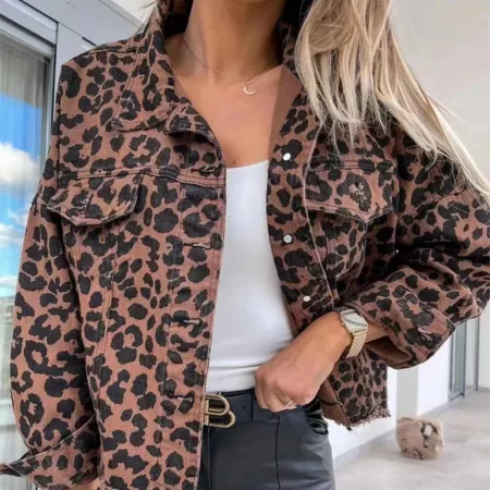 Brun kort leopard denim jakke damer