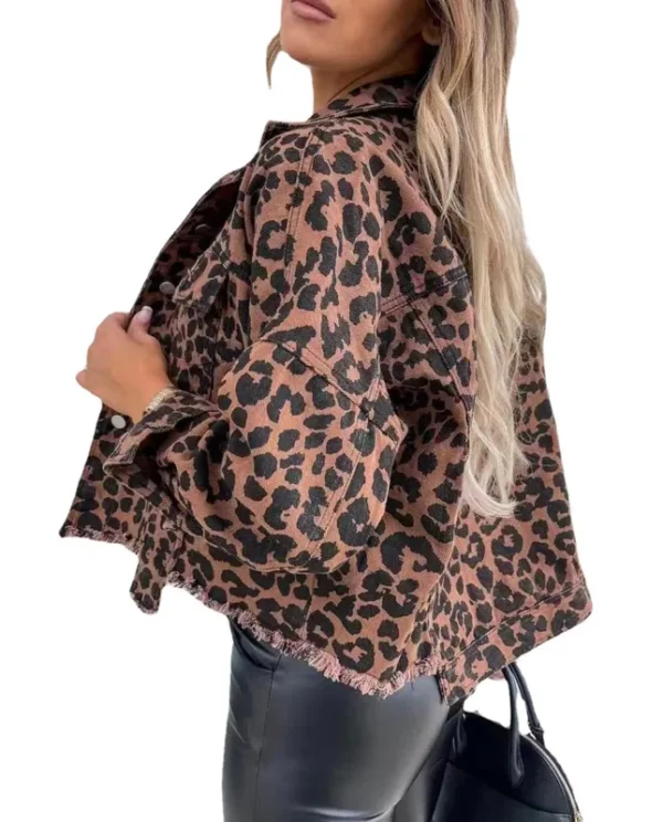 Brun kort leopard denim jakke damer b