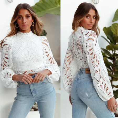 Hollow out long sleeve white short lace blouse