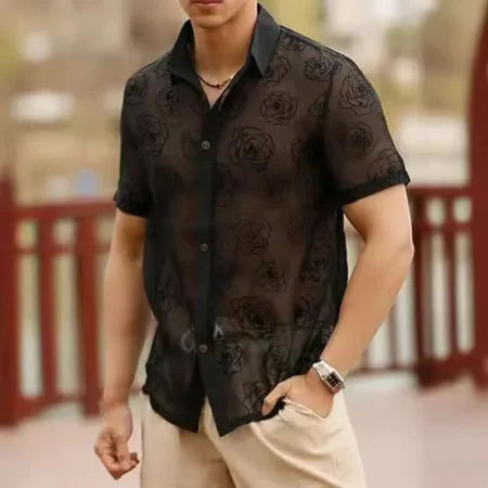 Men's floral short sleeve black blouse