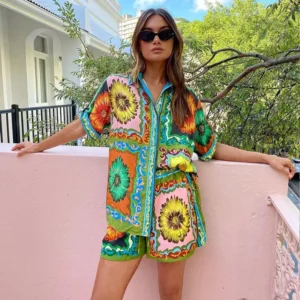 Colorful Printing Bohemian Hippie Style Short Blouse 2-piece Set