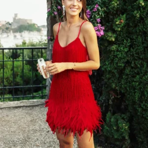 Festantrekk flapper kjole med fjær rød