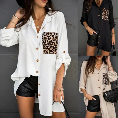 Women's blouse long sleeve leopard printing pocket