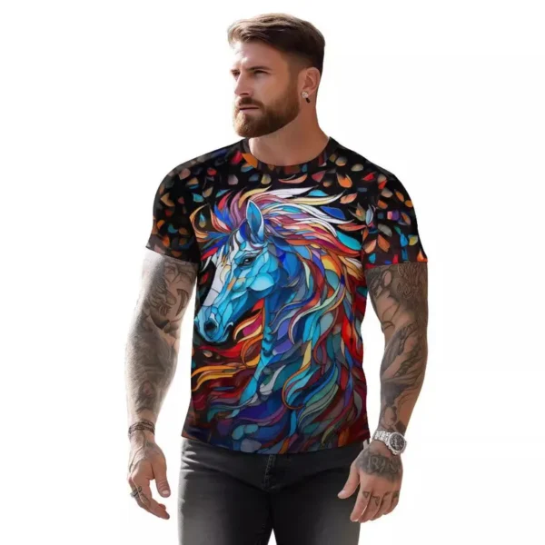 Colorful Short Sleeve Casual T-shirt Horse Printing Men's Sizes T-shirt