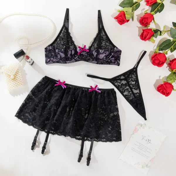 Lingerie sexy sort blonde undertøy 3-piece sexy black lace underwear c