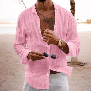 Men's Stripe Turndown Long Sleeve Loose Shirt pink