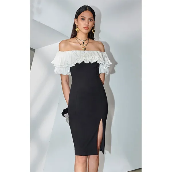 Off shoulder sort og hvit kjole Boat neck sexy dress