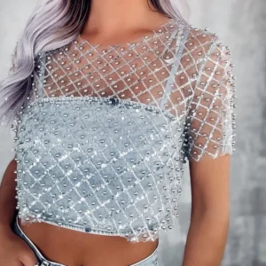 Short Sleeve beaded sequins short top for women silver