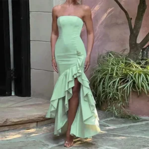 Spansk stil lang kjole med splitt Spanish style slit maxi-dress green