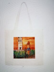 White canvas bag Women with bike print