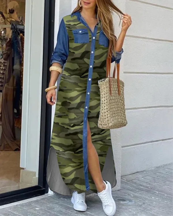 Blå lang kjole Casual Maxi Dress camouflage