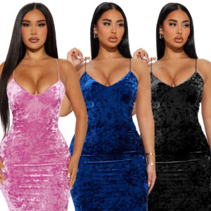 Festkjole halvlang fløyelskjole sexy midi velvet party dress