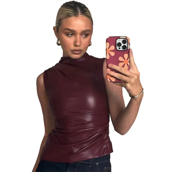 Høyhalset ermløs PU leather topp wine red sexy sleeveless PU top