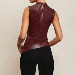 Høyhalset ermløs PU leather topp wine red sexy sleeveless PU top b