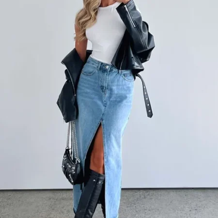 Langt jjeansskjørt med splitt women's streetwear casual long slit denim skirt