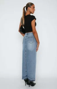 Langt jjeansskjørt med splitt women's streetwear casual long slit denim skirt f