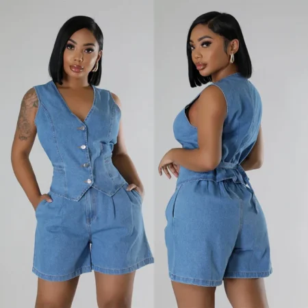 Blå denim vest shorts sett Streetwear Womens 2-piece shorts vest set