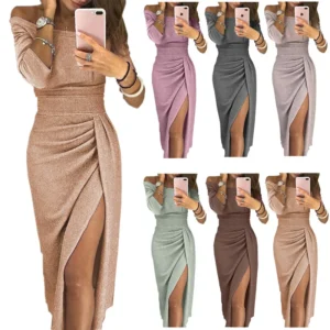 Langermet sequin kjole med splitt rød long sleeve slit sequin dress b