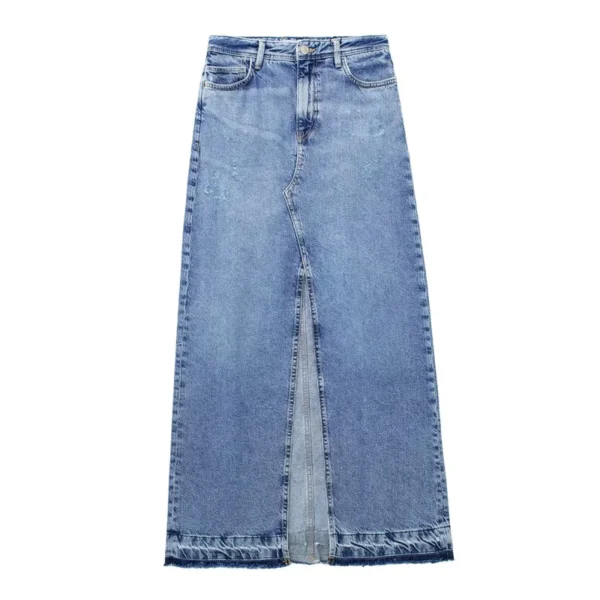 Long blue slit denim skirt