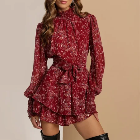 Sexy mønstret langermet kjole high neck printing floral above knee dress