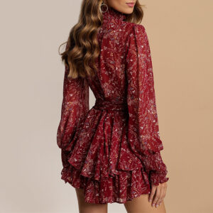 Sexy mønstret langermet kjole high neck printing floral above knee dress red b