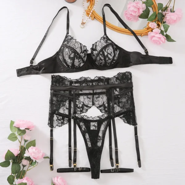 Sexy lingerie sett sort BH truse garter