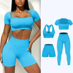 4-piece Sports-yoga Bottoms-Vest-Shorts-Leggings set for women blue