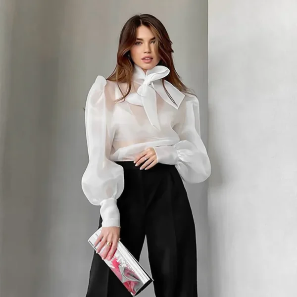 Bow tie long sleeve transparent blouse white