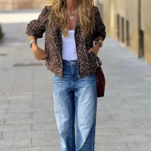 Casual zipper front brown leopard coat for women