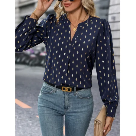 Dark blue long sleeve printed blouse a