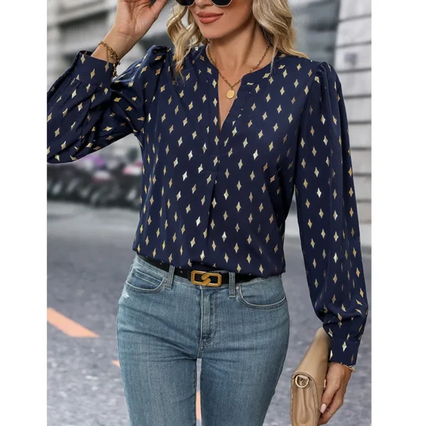 Dark blue long sleeve printed blouse a