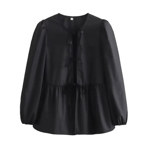 Fashion blouse puff sleeve bow tie blouse for women black