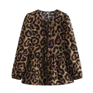 Fashion blouse puff sleeve bow tie blouse for women leopard