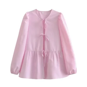 Fashion blouse puff sleeve bow tie blouse for women pink