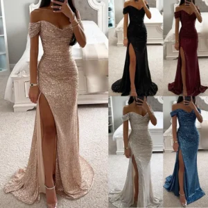 Off shoulder slit long sequin party dress