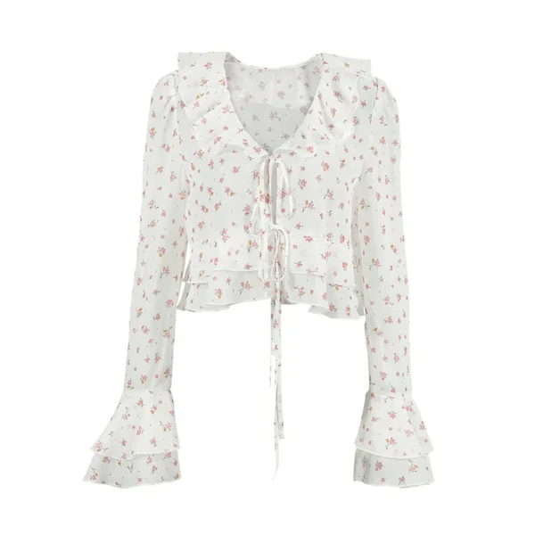 Ruffles casual long sleeve floral white blouse b