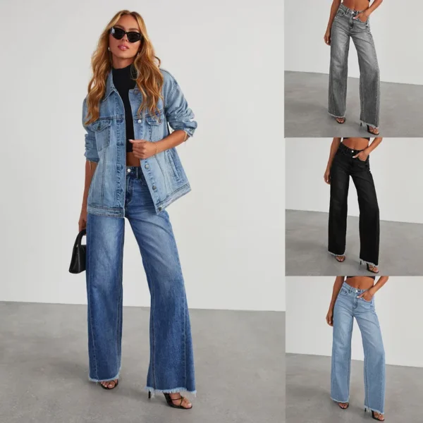 Straight jeans full length raw hem streetwear women's jeans