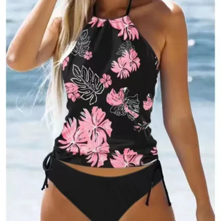 Tropical 2 peices set swimsuit black pink