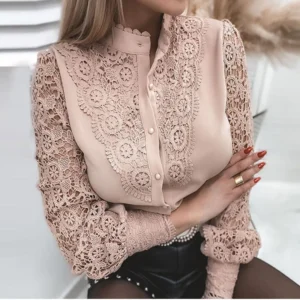 Vintage style long sleeve lace blouse beige