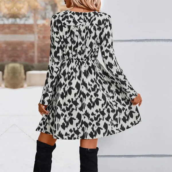 Casual leopard printed long sleeve above knee white dress for women b