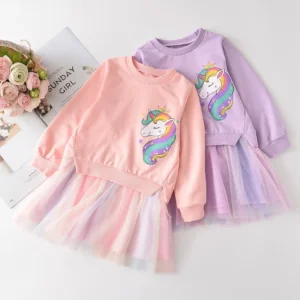 Cute dress for girls unicorn printing pink purple colors dress