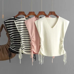 Draw-string V-neck vest for women