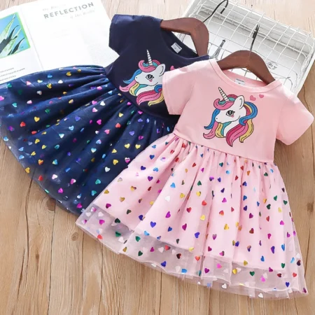 Girl-s dress cute unicorn figure printing multi-colored hearts