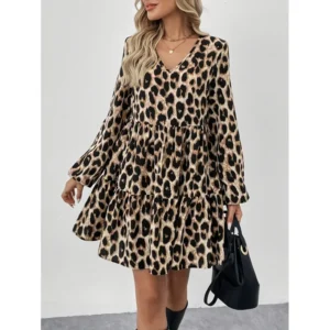 Leopard dress long sleeve wide above knee dress for women