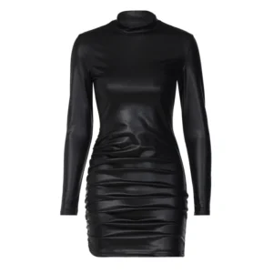 Long sleeve sexy faux leather mini dress