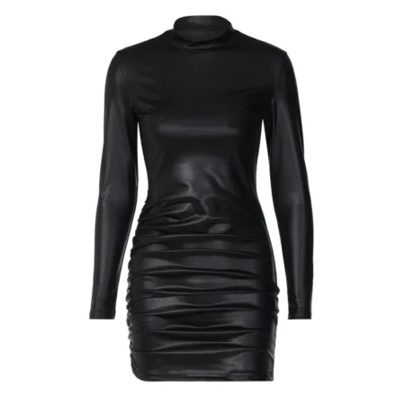 Long sleeve sexy faux leather mini dress