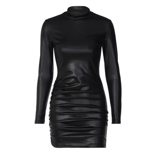 Long sleeve sexy faux leather mini dress