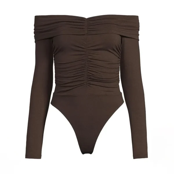 Off shoulder long sleeve bodysuit dark brown